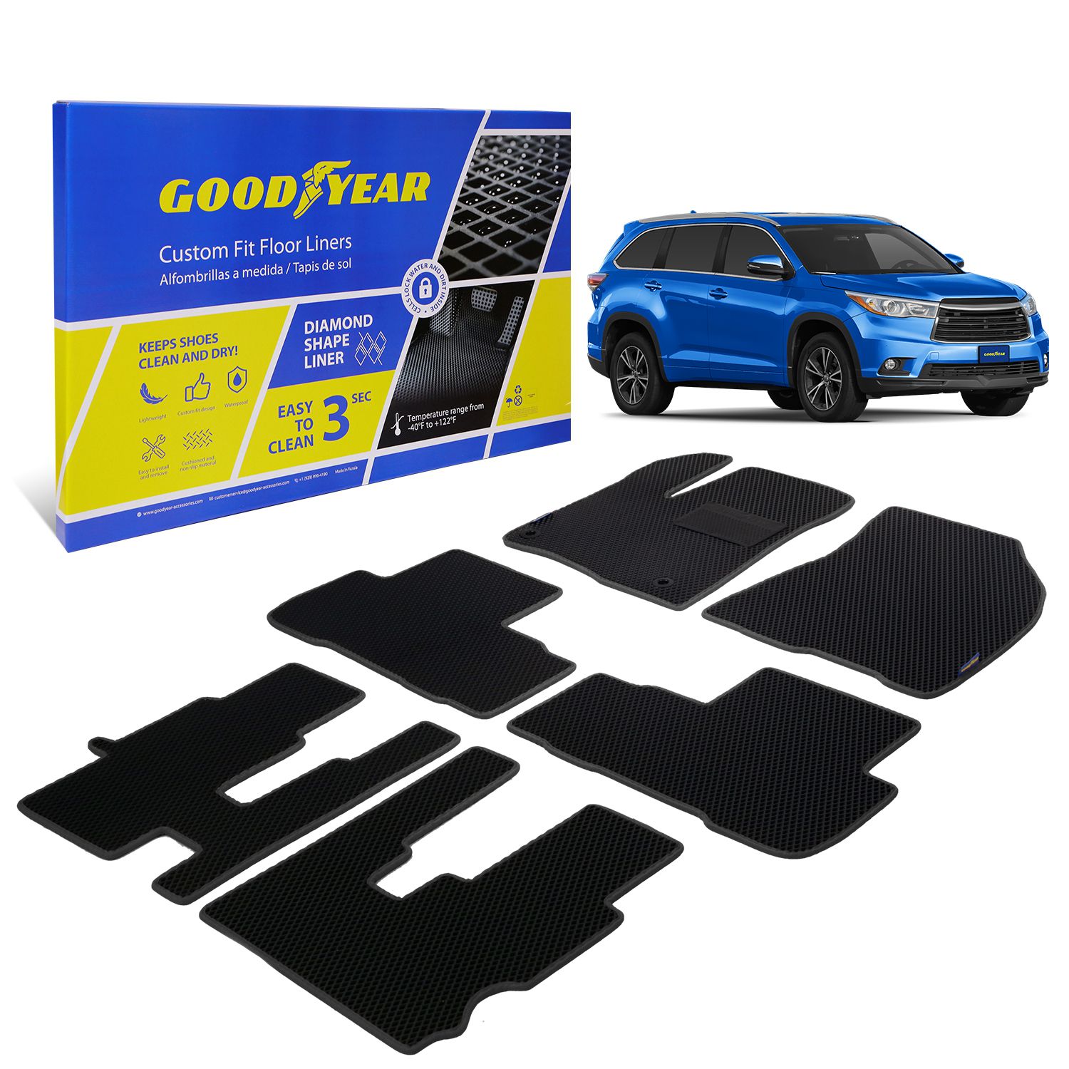 Goodyear Custom Fit Car Floor Liners for Toyota Highlander 2014-2019, Black/Black 6 Pc. Set, All-Weather Diamond Shape Liner Traps Dirt, Liquid, Precision Interior Coverage - GY004354