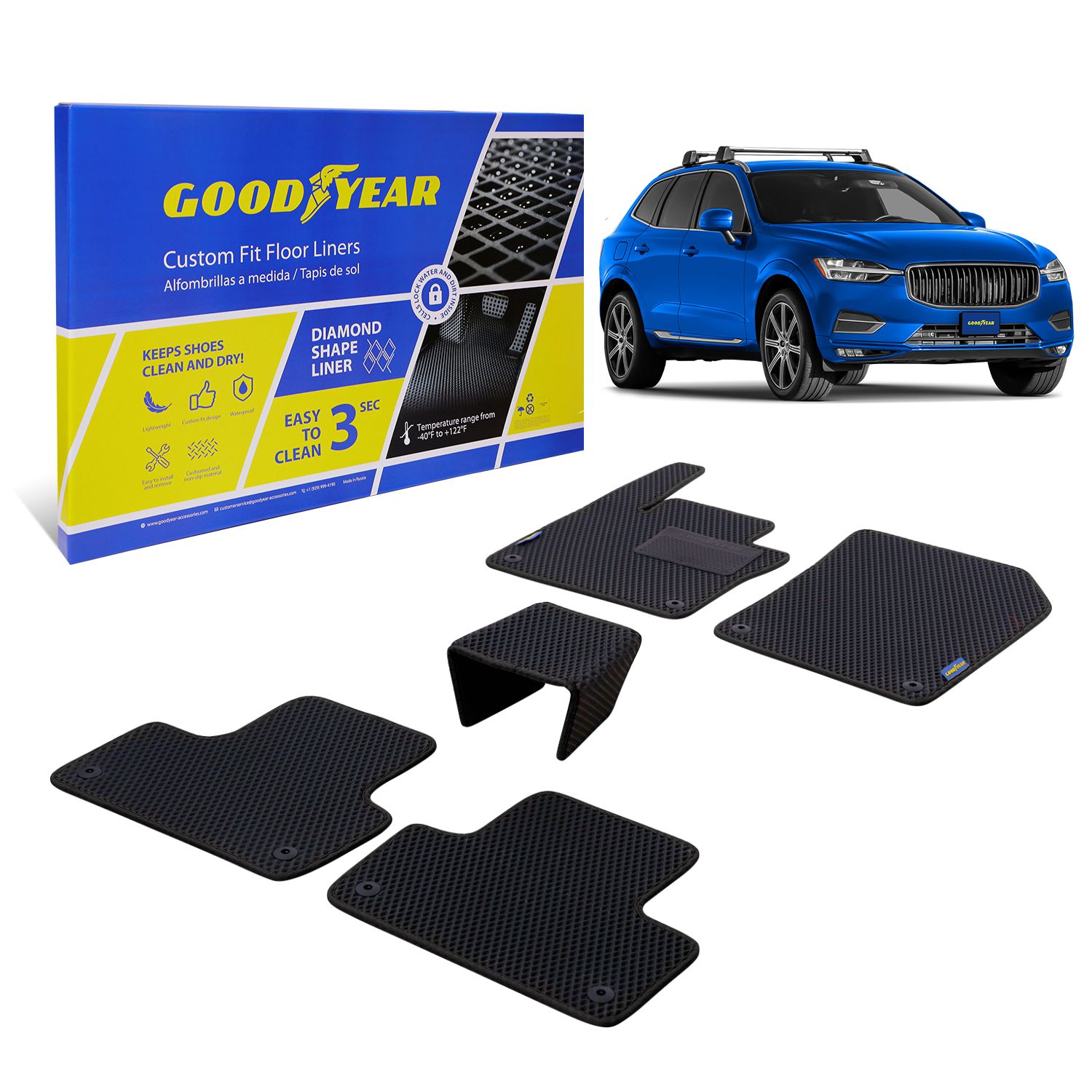 Goodyear Custom Fit Car Floor Liners for Volvo XC60 2018-2021, Black/Black 5 Pc. Set, All-Weather Diamond Shape Liner Traps Dirt, Liquid, Precision Interior Coverage - GY004357