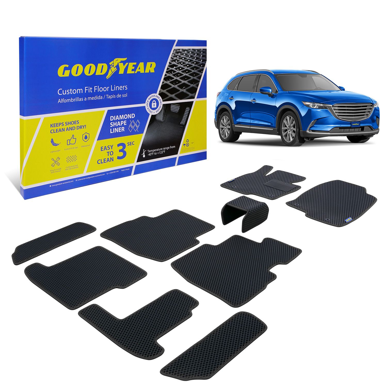 Goodyear Custom Fit Car Floor Liners for Mazda CX-9 2016-2021, Black/Black 9 Pc. Set, All-Weather Diamond Shape Liner Traps Dirt, Liquid, Precision Interior Coverage - GY004366