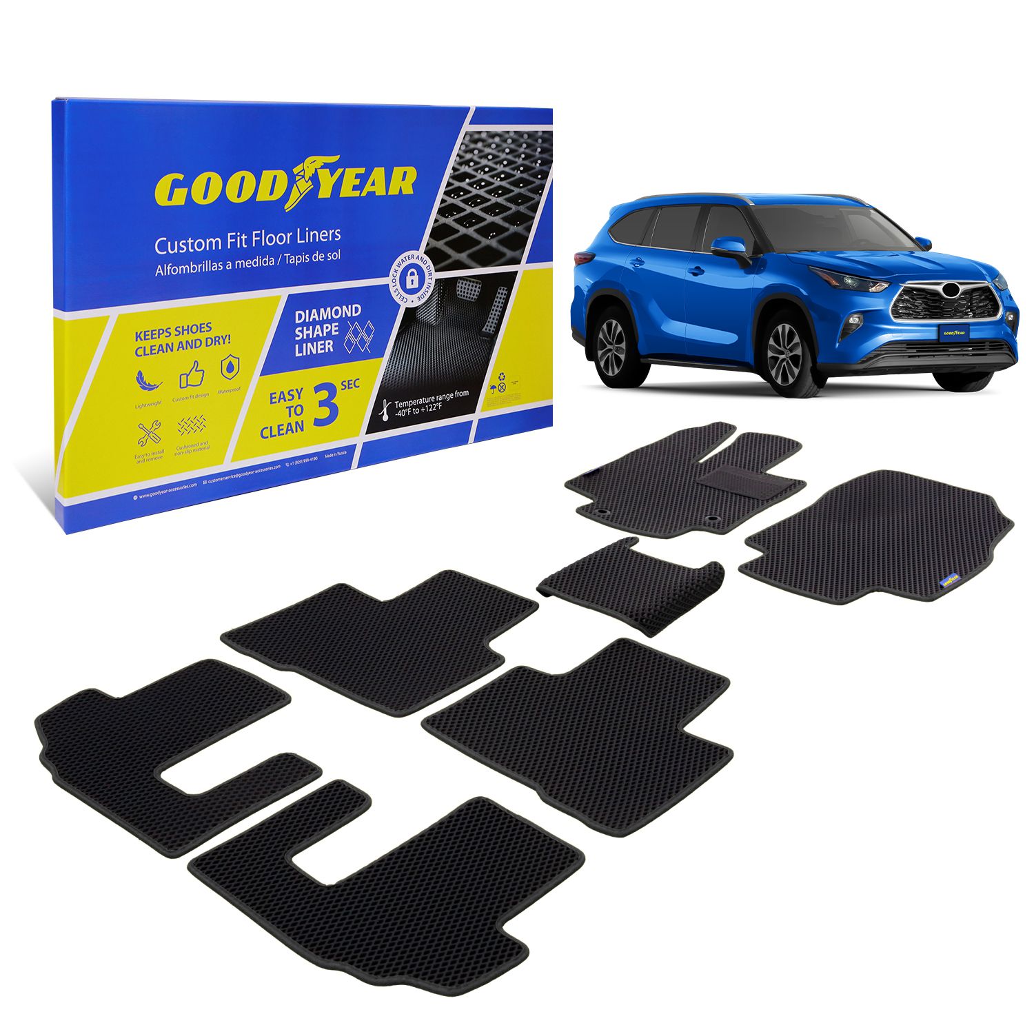 Goodyear Custom Fit Car Floor Liners for Toyota Highlander 2020-2021, Black/Black 7 Pc. Set, All-Weather Diamond Shape Liner Traps Dirt, Liquid, Precision Interior Coverage - GY004369