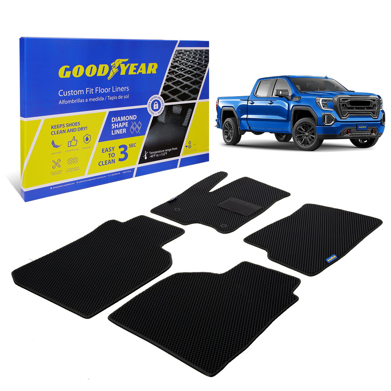 Goodyear Custom Fit Car Floor Liners for Chevrolet (Chevy) Silverado/GMC Sierra 2019-2021 Double Cab, Black/Black, All-Weather Diamond Shape Liner Traps Dirt,Precision Interior Coverage - GY004372