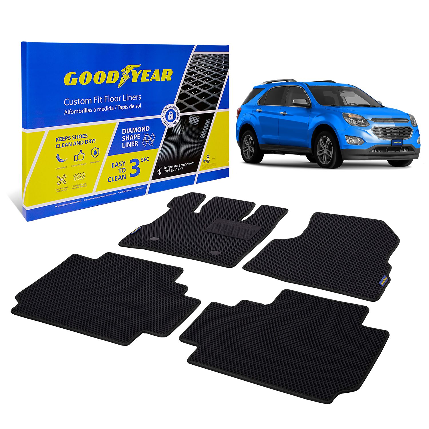 Goodyear Custom Fit Car Floor Liners for Chevrolet (Chevy) Equinox 2011-2017, Black/Black 4 Pc. Set, All-Weather Diamond Shape Liner Traps Dirt, Liquid, Rain, Precision Interior Coverage - GY004375v