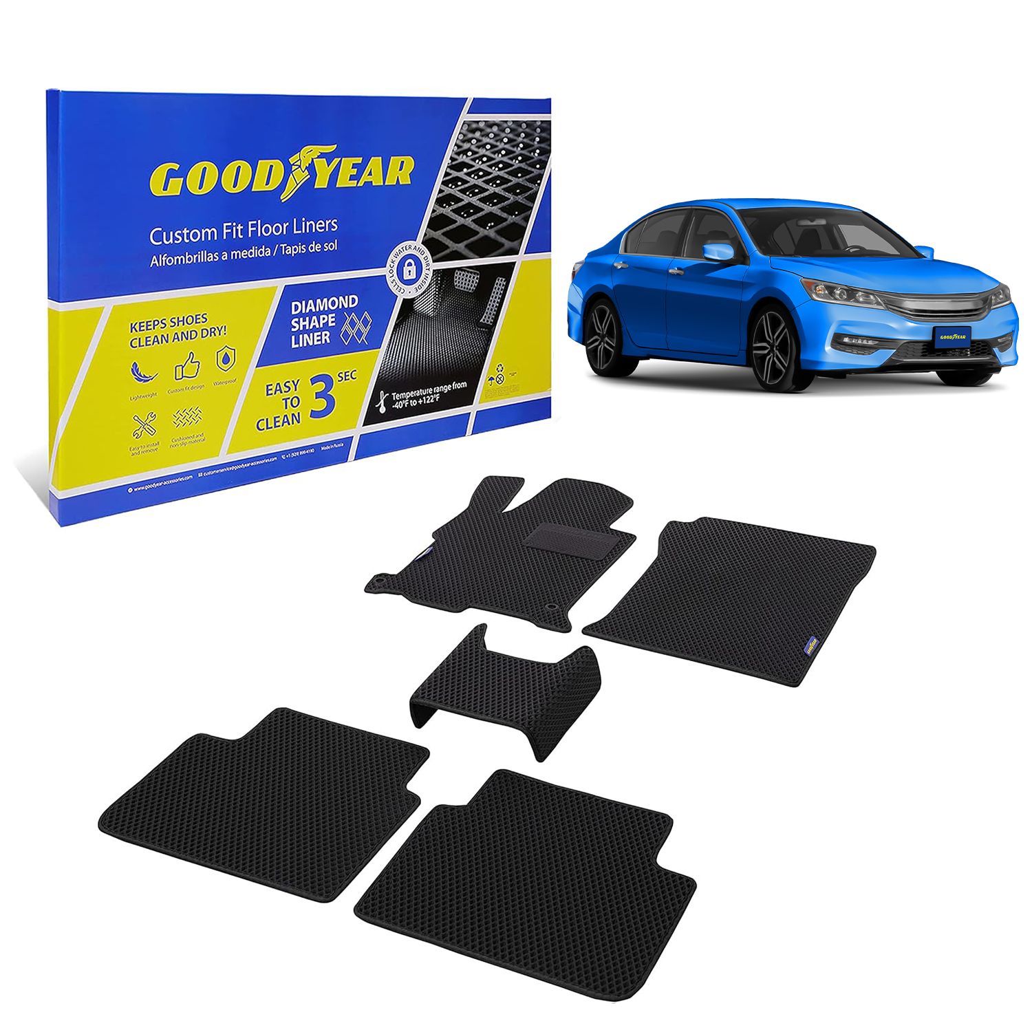 Goodyear Custom Fit Car Floor Liners for Honda Accord 2013-2017 Sedan, Black/Black 5 Pc. Set, All-Weather Diamond Shape Liner Traps Dirt, Liquid, Rain and Dust, Precision Interior Coverage - GY004384v