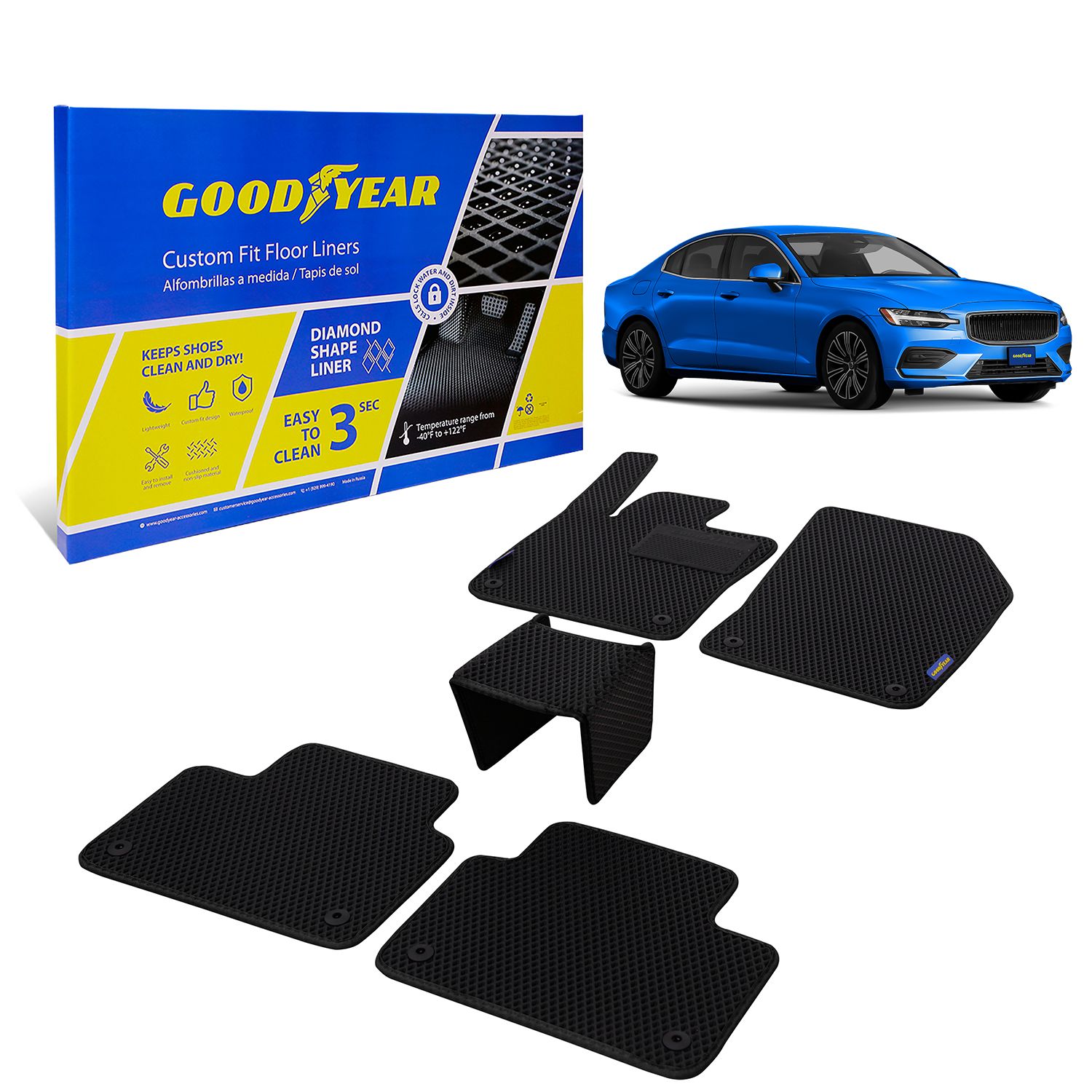 Goodyear Custom Fit Car Floor Liners for Volvo S60 2019-2021, Black/Black 5 Pc. Set, All-Weather Diamond Shape Liner Traps Dirt, Liquid, Rain and Dust, Precision Interior Coverage - GY004393v
