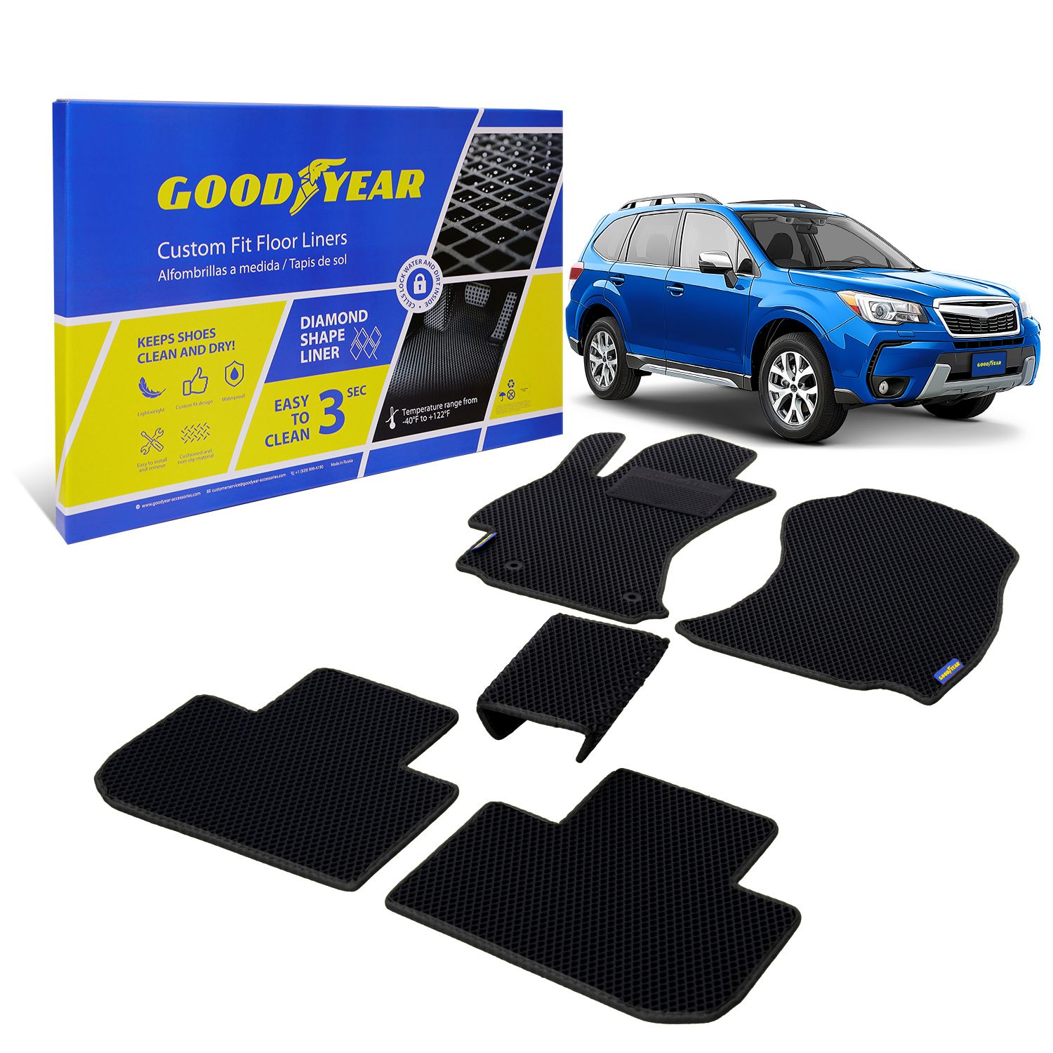 Goodyear Custom Fit Car Floor Liners for Subaru Forester 2014-2018, Black/Black 5 Pc. Set, All-Weather Diamond Shape Liner Traps Dirt, Liquid, Rain and Dust, Precision Interior Coverage - GY004399