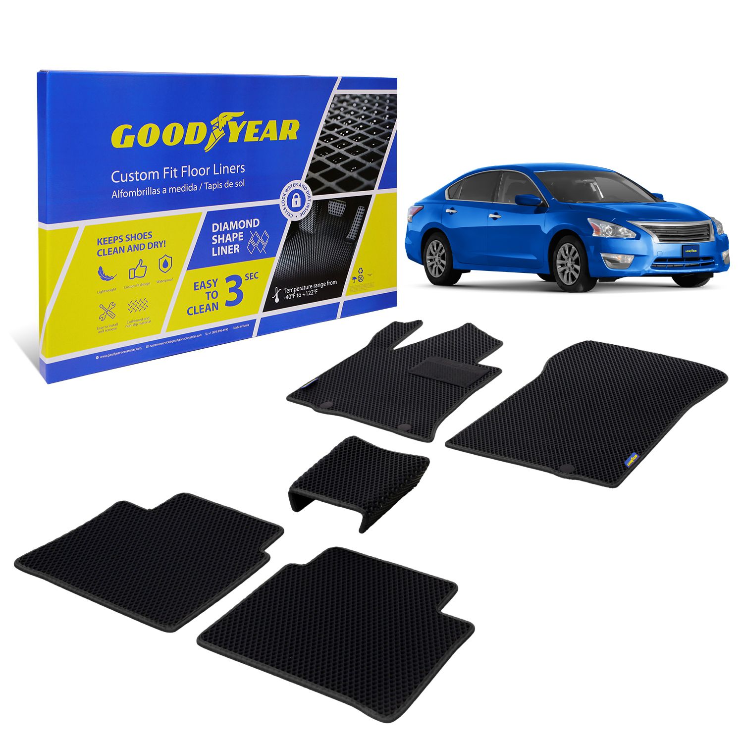 Goodyear Custom Fit Car Floor Liners for Nissan Altima 2013-2015, Black/Black 5 Pc. Set, All-Weather Diamond Shape Liner Traps Dirt, Liquid, Rain and Dust, Precision Interior Coverage - GY004402