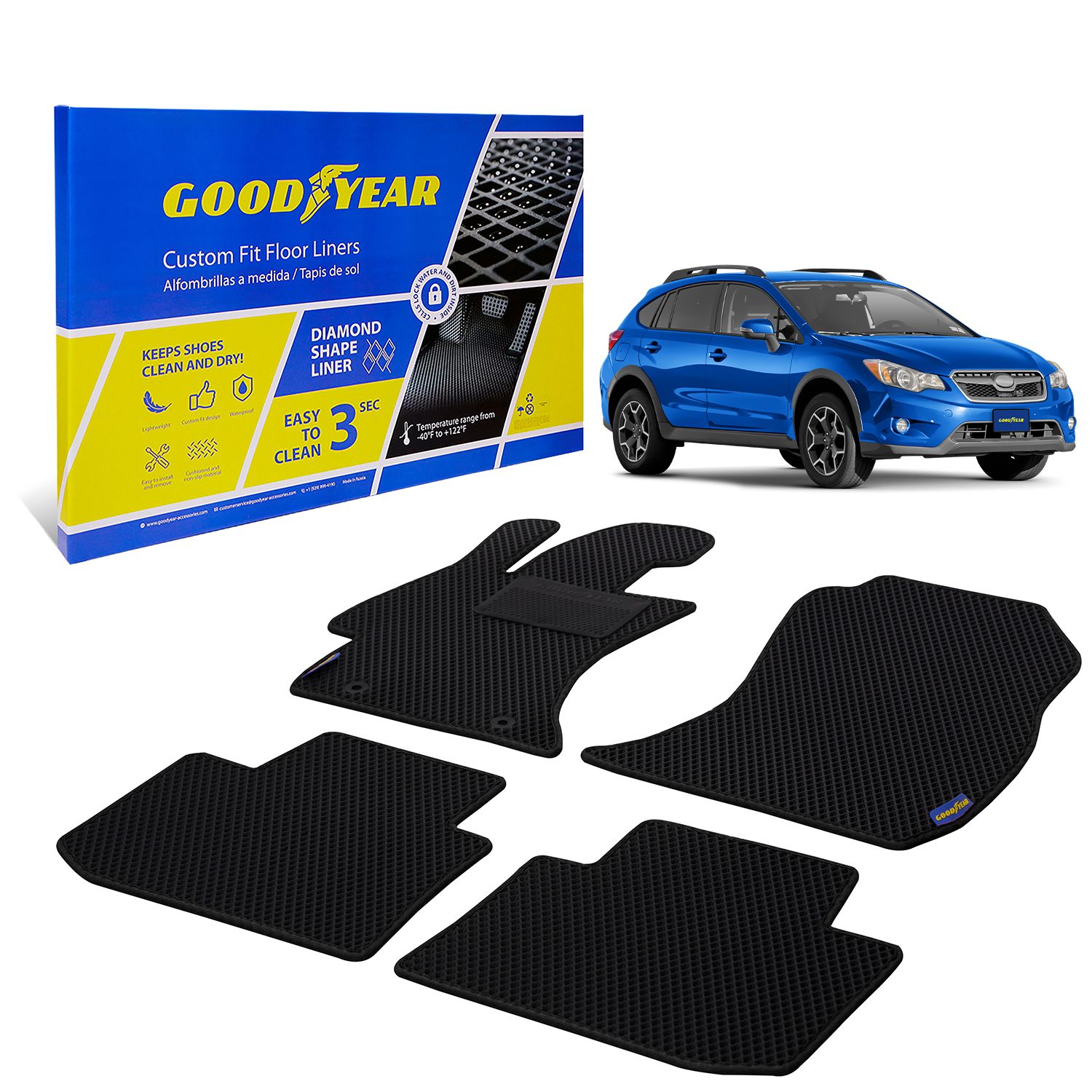 Goodyear Custom Fit Car Floor Liners for Subaru Impreza 2012-2016, Black/Black 4 Pc.Set, All-Weather Diamond Shape Liner Traps Dirt, Liquid, Precision Interior Coverage - GY004405