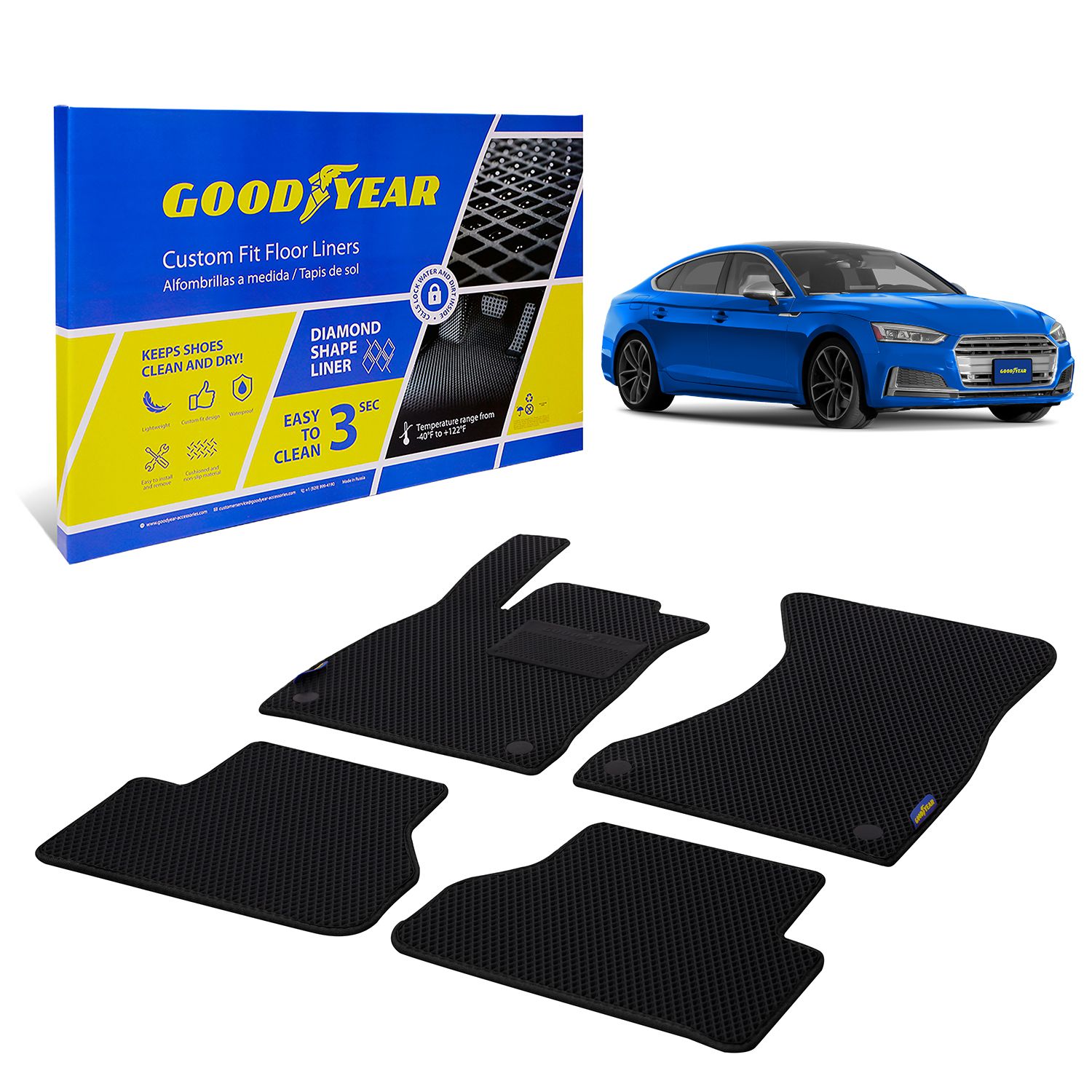 Goodyear Custom Fit Car Floor Liners for Audi A5 Sportback 2019-2021, Black/Black 4 Pc.Set, All-Weather Diamond Shape Liner Traps Dirt, Liquid, Precision Interior Coverage - GY004408