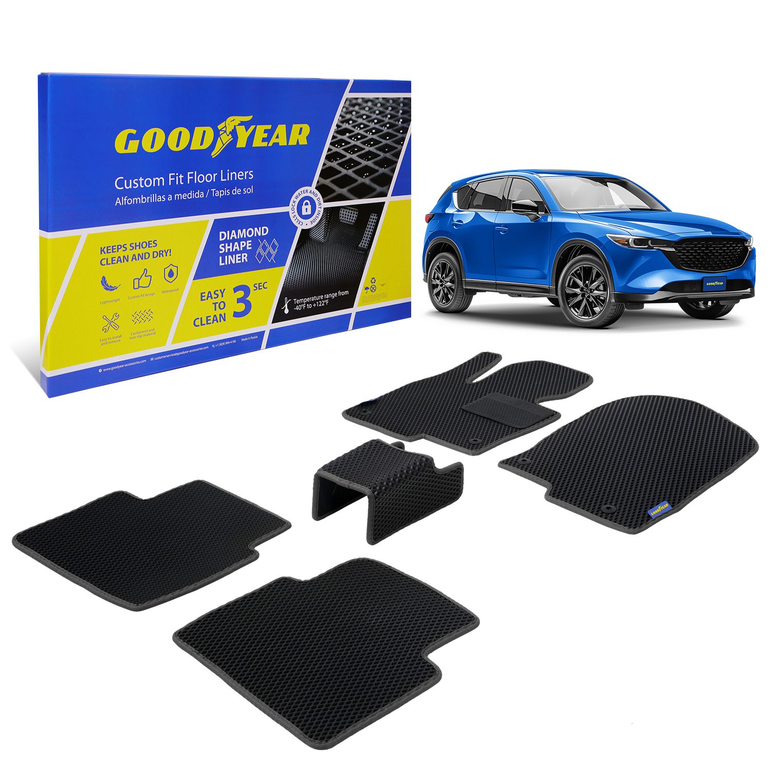 Goodyear Custom Fit Car Floor Liners for Mazda CX-5 2017-2021, Black/Black 5 Pc. Set, All-Weather Diamond Shape Liner Traps Dirt, Liquid, Rain and Dust, Precision Interior Coverage - GY004417