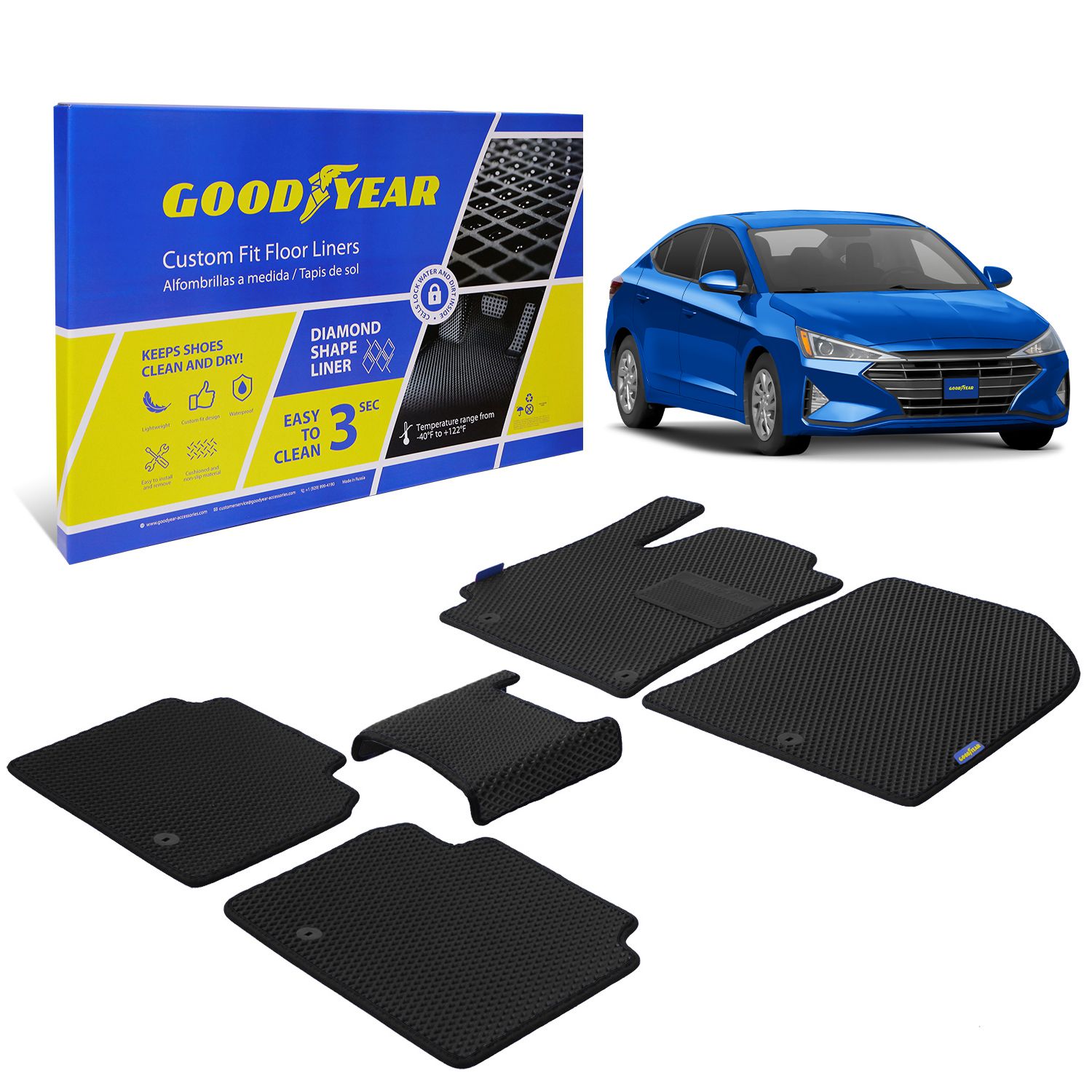 Goodyear Custom Fit Car Floor Liners for Hyundai Elantra 2017-2020, Black/Black 5 Pc. Set, All-Weather Diamond Shape Liner Traps Dirt, Liquid, Rain and Dust, Precision Interior Coverage - GY004418