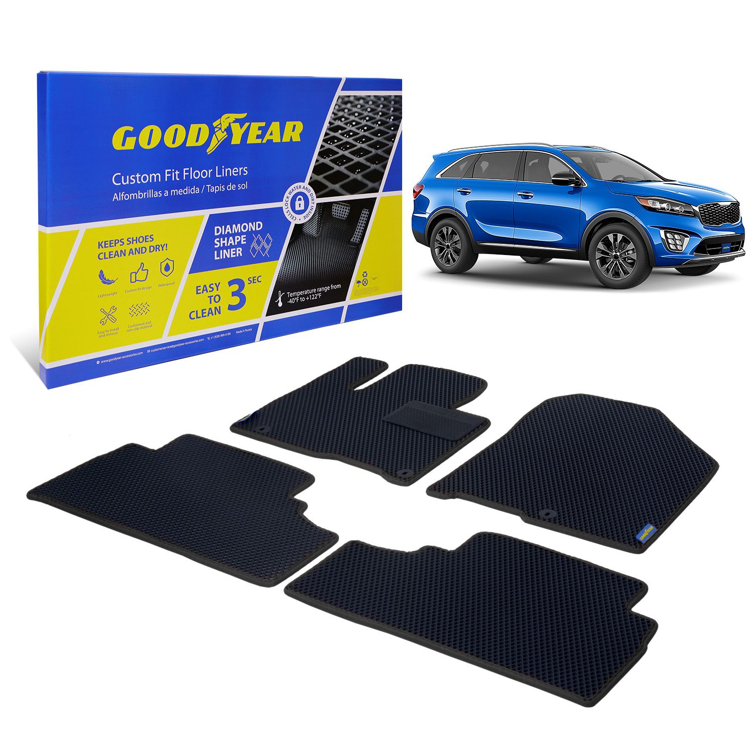 Goodyear Custom Fit Car Floor Liners for Kia Sorento 2016-2020, Black/Black 4 Pc. Set, All-Weather Diamond Shape Liner Traps Dirt, Liquid, Rain and Dust, Precision Interior Coverage - GY004419