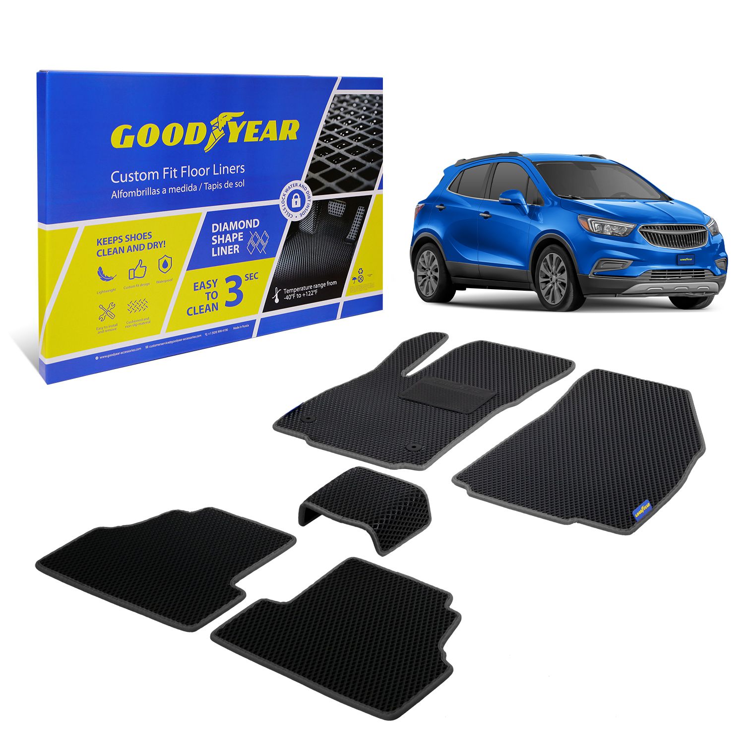 Goodyear Custom Fit Car Floor Liners for Chevrolet Trax 2015-2021/Buick Encore 2013-2021,Black/Black 5 Pc. Set,All-Weather Diamond Shape Liner Traps Dirt,Liquid, Precision Interior Coverage - GY004962