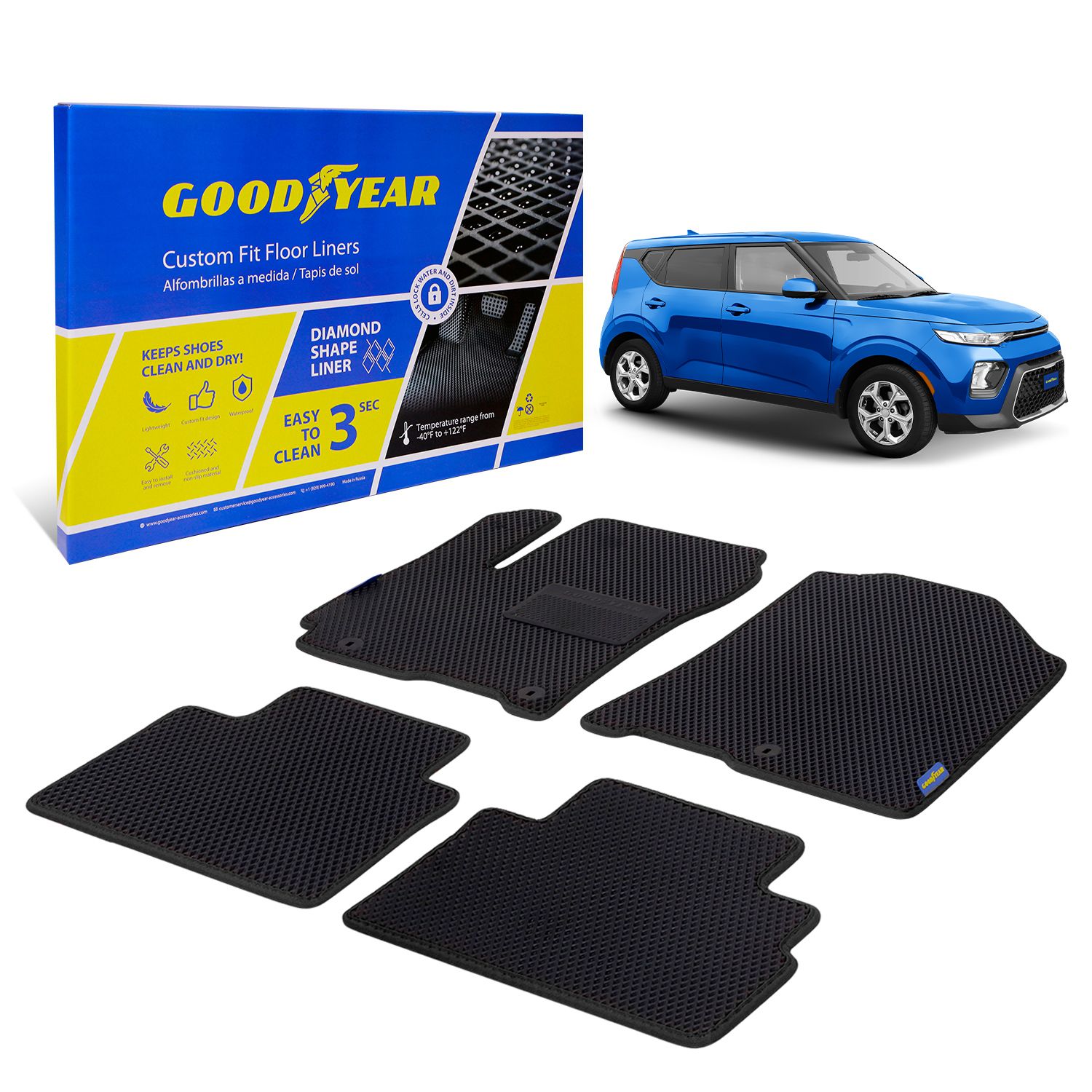 Goodyear Custom Fit Car Floor Liners for Kia Soul 2020-2022, Black/Black 4 Pc. Set, All-Weather Diamond Shape Liner Traps Dirt, Liquid, Rain and Dust, Precision Interior Coverage - GY004997